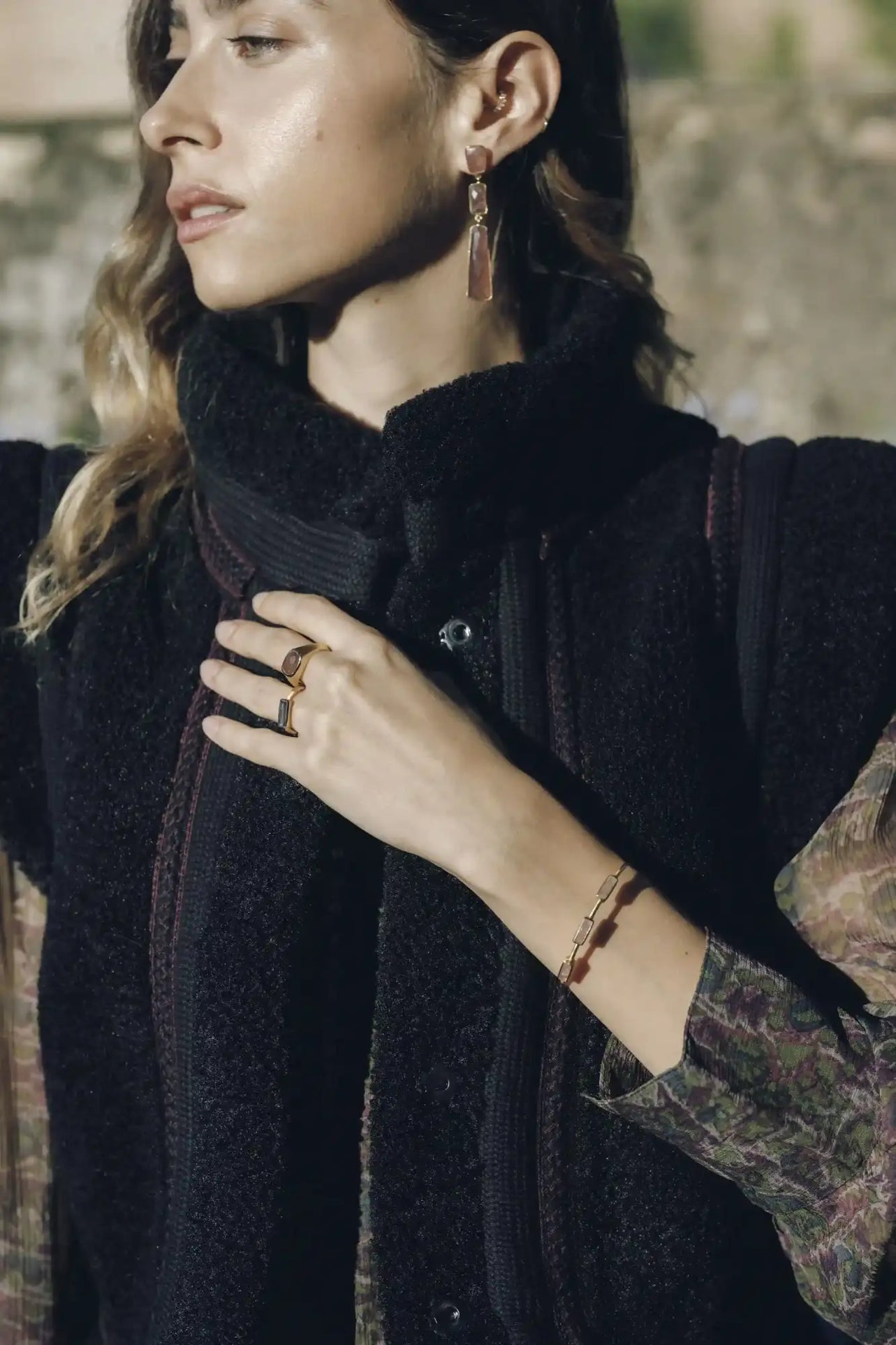 Gold-toned rectangular drop earrings with a polished finish and subtle gradient detailing.